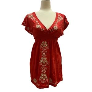 Red Mini Embroidered dress V-neck Medium